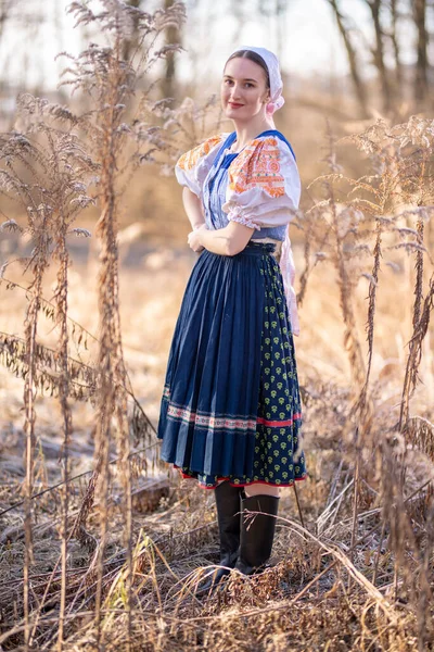 Fiatal Gyönyörű Szlovák Hagyományos Ruhában Pózol Szabadban Szlovák Folklór — Stock Fotó