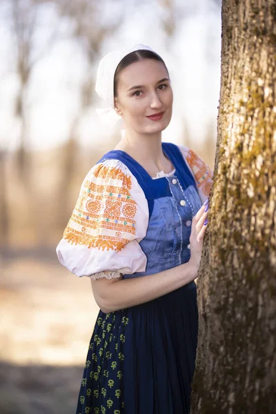Junge Schöne Slowakische Frau Traditioneller Kleidung Posiert Freien Slowakische Folklore — Stockfoto