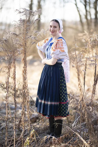 Jovem Bela Mulher Eslovaca Vestido Tradicional Posando Livre Folclore Eslovaco — Fotografia de Stock