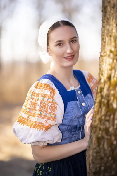 Young Beautiful Slovak Woman Traditional Dress Posing Outdoors Slovak Folklore — Stock Photo, Image