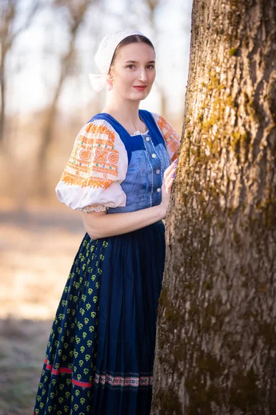 Fiatal Gyönyörű Szlovák Hagyományos Ruhában Pózol Szabadban Szlovák Folklór — Stock Fotó