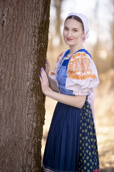 屋外でポーズを伝統的なドレスで若い美しいスロバキアの女性 スロバキア民俗 — ストック写真