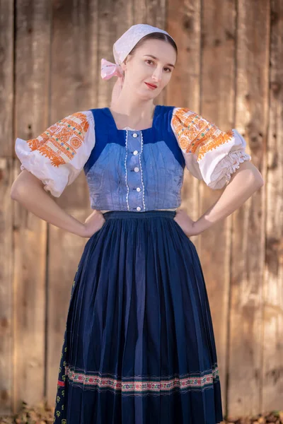 Joven Mujer Eslovaca Hermosa Vestido Tradicional Posando Aire Libre Folclore — Foto de Stock