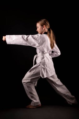 Young girl training martial art of taekwondo 