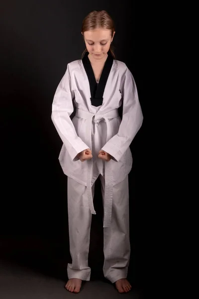 Young Girl Training Martial Art Taekwondo — Foto de Stock