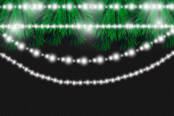 Oświetlenie Świąteczne Przezroczystym Tle Boże Narodzenie Świecące Girlandy Zielonym Drzewie — Wektor stockowy