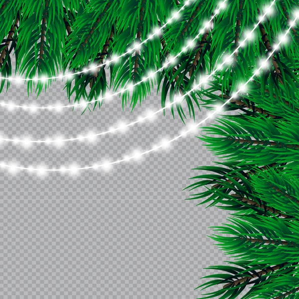 Vánoční Světla Izolované Průhledném Pozadí Vánoce Zářící Věnce Zeleném Stromě — Stockový vektor