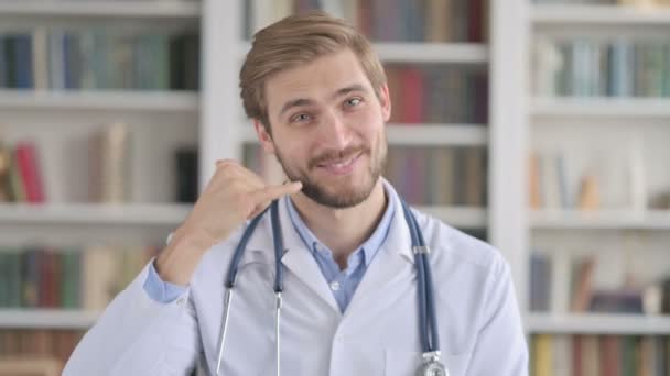 Portrait of Doctor Showing Call me Sign — Stock Video