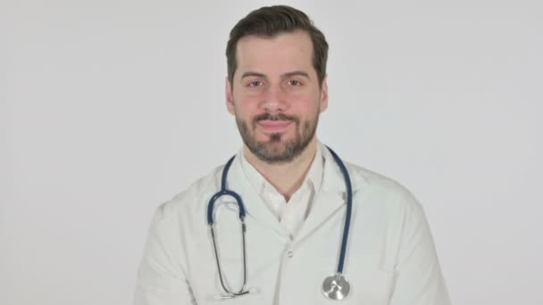 Portrait of Doctor Shaking Head as Yes Sign, White Screen — Stock Video