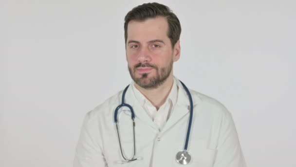 Portrait of Doctor Showing No Sign by Finger, Denial, White Screen — Vídeo de Stock