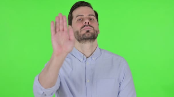 Portrait of Man Showing Stop Sign by Hand, Green Screen — Video