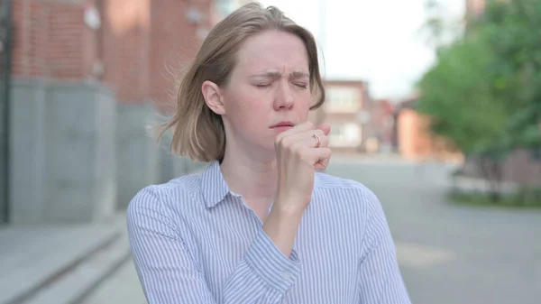 Portrait of Sick Woman Coughing, Outdoor — Stock Photo, Image
