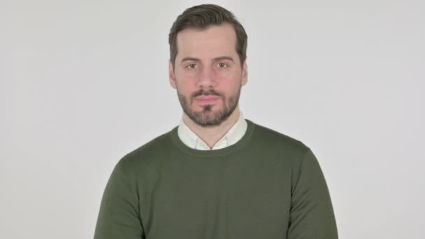 Portrait of Man showing Thumbs Up Sign , White Screen — Video