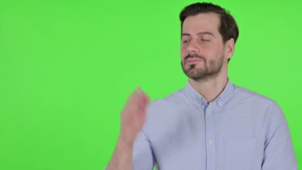 Portrait of Man Holding Product on Hand, Green Screen — Stock video
