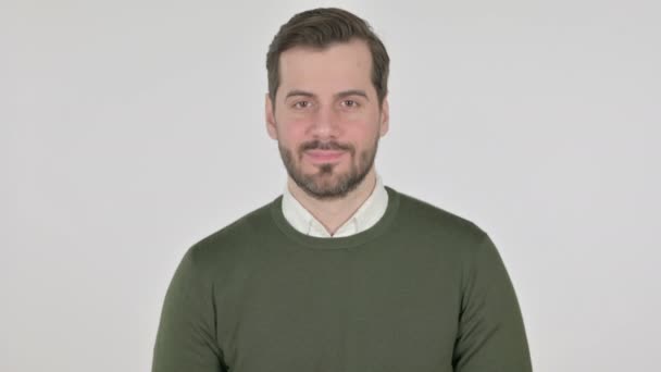 Portrait of Man Shaking Head as Yes Sign, White Screen — Video