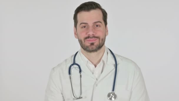 Πορτρέτο του γιατρού μιλώντας σε απευθείας σύνδεση Video Call, Λευκή οθόνη — Αρχείο Βίντεο