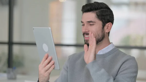 Young Man Waving Hand for Video Chat on Tablet — Photo