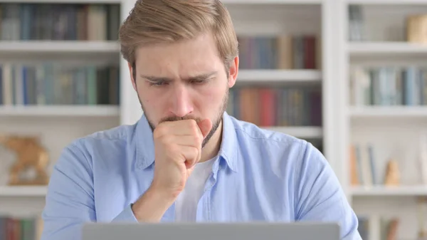 Close up of Man Coughing while using Laptop — Stock Photo, Image
