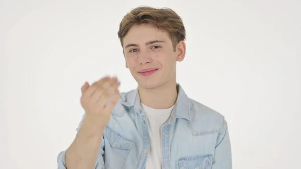 Young Man Inviting on White Background — Zdjęcie stockowe