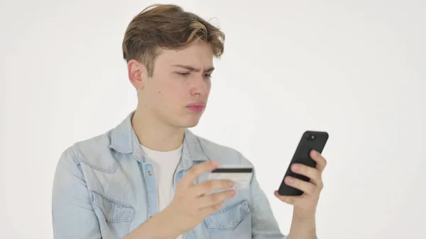 Online Shopping Failure on Smartphone by Man on White Background — Stock Photo, Image