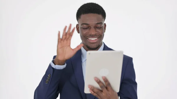 ( 영어 ) Video Chat - Tablet by African Businessman on White Background — 스톡 사진