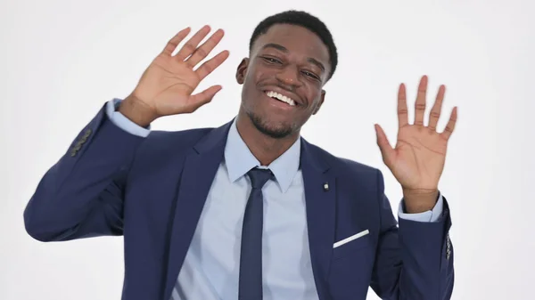 Happy African Businessman Dancing on White Background — Stock fotografie