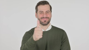 Portrait of Man showing Thumbs Up, White Screen