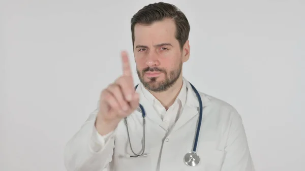 Portrait of Doctor Showing No by Finger, Denial, White Screen — Zdjęcie stockowe