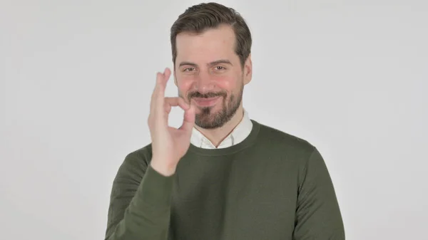 Portrait of Man showing Ok with Finger, White Screen — Stockfoto