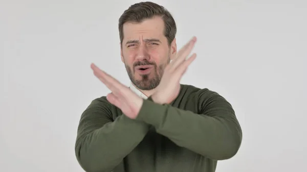 Portrait of Man Showing No by Arm Gesture, White Screen — Stock Photo, Image