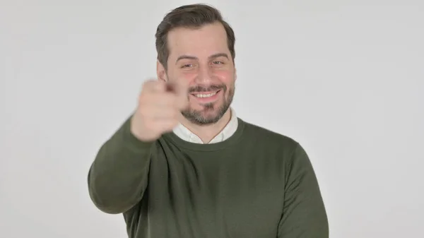 Portrait of Man Pointing at the Camera, White Screen — Stok Foto