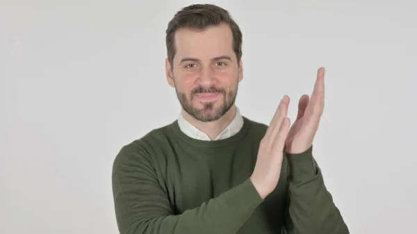 Portrettbilde av Happy Man Clapping, Applauding, White Screen – stockfoto