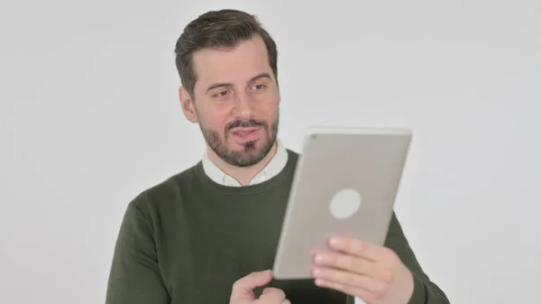 Portrait of Video Call on Tablet by Man, White Screen — Foto Stock