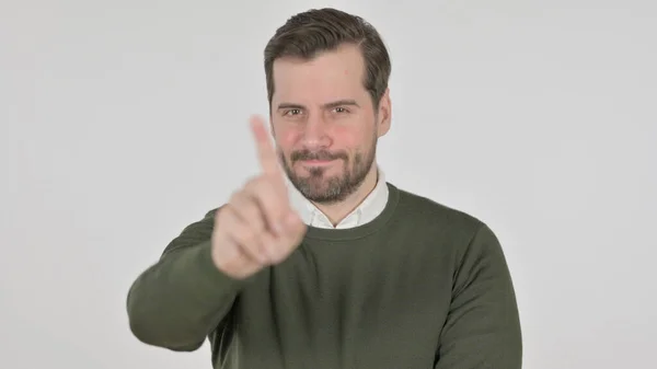 Portrait of Man Showing No by Finger, Denial, White Screen — Zdjęcie stockowe