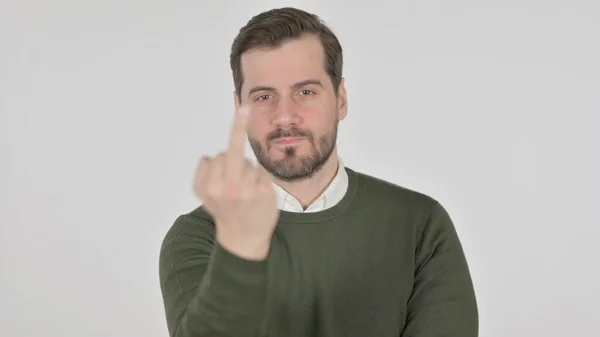 Portrait of Angry Man Showing a Middle Finger Sign, White Screen — Photo