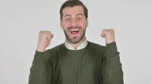 Portrait of Excited Man Celebrating Success, White Screen — стокове фото