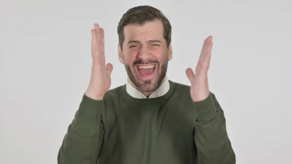 Portrait of Disappointed Man Reacting to Loss, White Screen — Stock Photo, Image