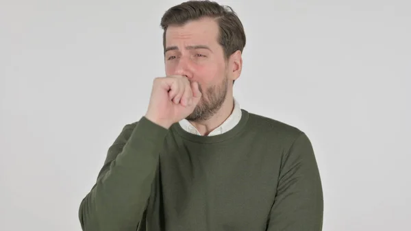 Portrait of Sick Man Coughing, White Screen — Foto Stock