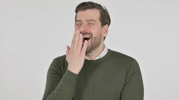 Portrait of Sleepy Man Yawning, White Screen — стокове фото