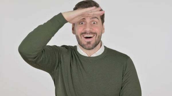 Portrait of Man Looking Around, Searching, White Screen — Stock Photo, Image