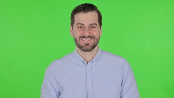 Portret van een man aan het praten op Online Video Call, Groen scherm — Stockfoto