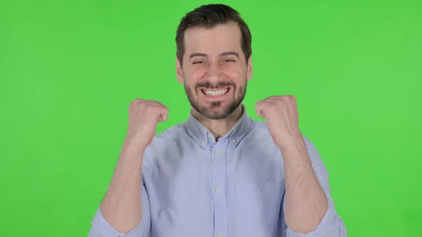 Portrait of Excited Man Celebrating Success, Green Screen — Zdjęcie stockowe