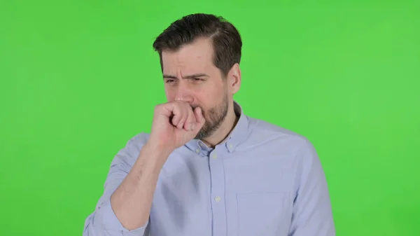 Portrait of Sick Man Coughing, Green Screen — Stockfoto