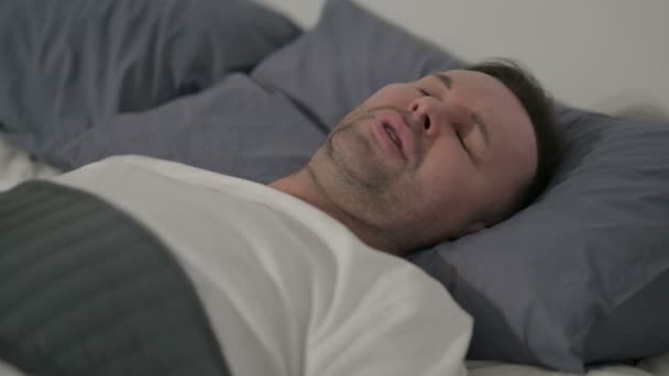 Close Middle Aged Man Having Headache While Sleeping Bed — Stok Video