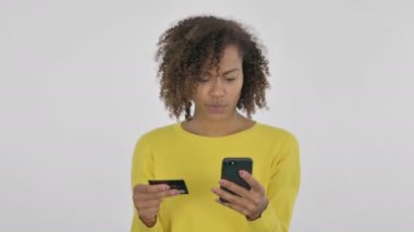 African Woman Reacting to Online Shopping Problem on White Background 