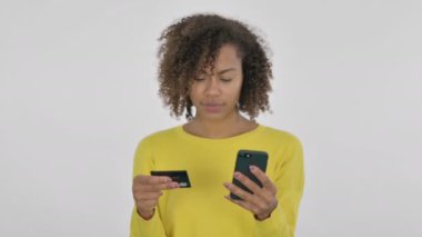 African Woman Shopping Online on Smartphone, White Background 