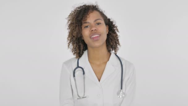 Welcoming African Lady Doctor Waving Hand White Background — Stockvideo