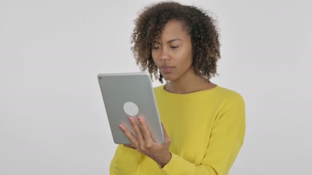 African Woman Reacting Loss Tablet White Background — Stockvideo