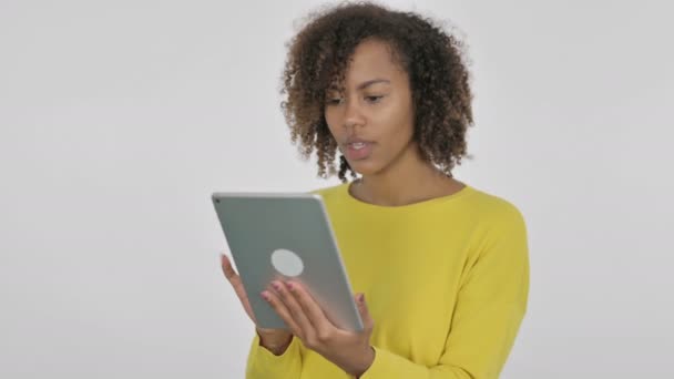 African Woman Celebrating Success Tablet White Background — Vídeo de Stock