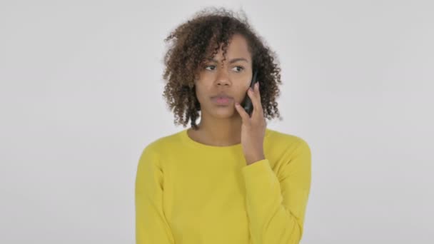 Aggressive African Woman Angry Smartphone White Background — Video